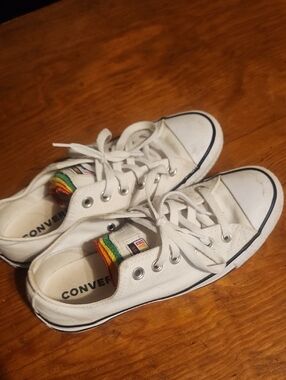 Converse White Low-Top Sneakers with Rainbow Tongue Stripes
